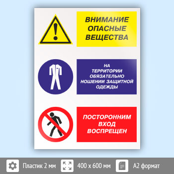 Знак «Внимание опасные вещества - на территории обязательно ношение защитной одежды, посторонним вход воспрещен», КЗ-15 (пластик, 400х600 мм)